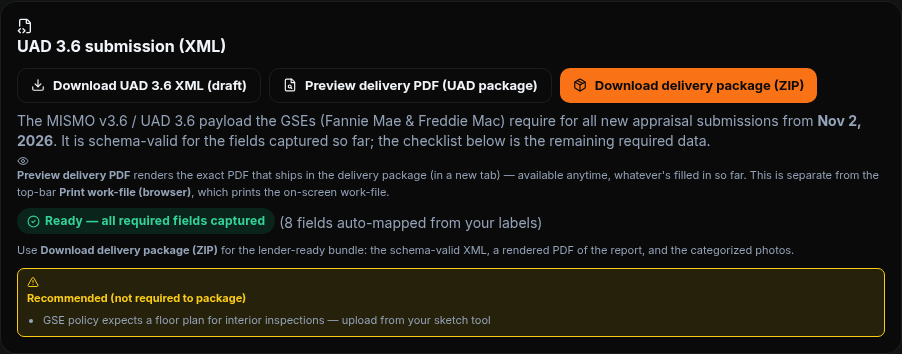 AppraiserLogic UAD 3.6 submission card: XML download, delivery PDF preview, delivery package ZIP, and a green readiness state